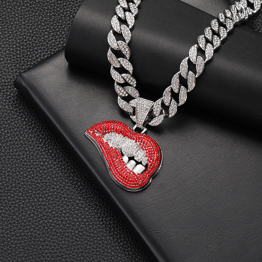 Personalized colorful red sexy lip biting pendant hip-hop male niche design full diamond necklace jewelry_voghion.com