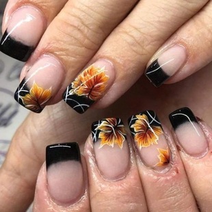 24 Pieces Wearable Nail Patch Nail Armor Autumn Black French Leaf Fake Nail Extension Removable