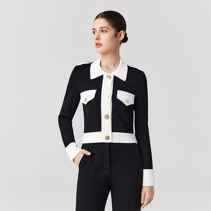 法式小香风撞色初秋新款小众翻领高端金属纽扣百搭短针织开衫外套