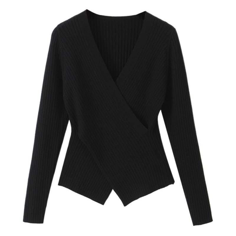 Runchi Plus Size V-Neck Crossed Gentle Ins-Style Regular Shoulder Knit Sweater 8775 Women's High-End Solid Color Knitted Sweater