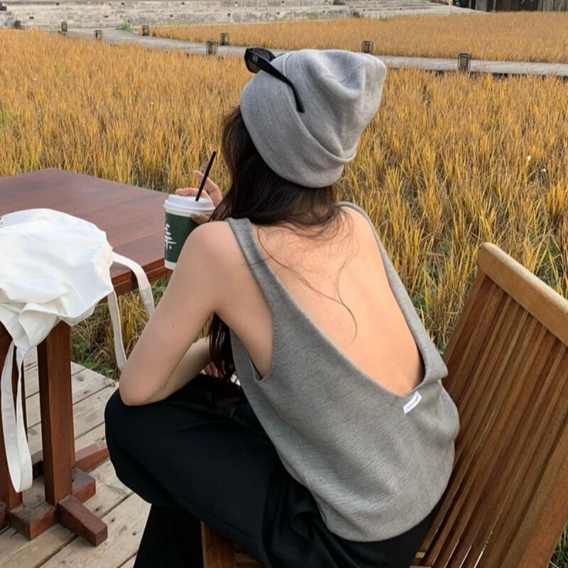 Backless Sleeveless Knitted Small Sling Women's Summer Hot Girl Slim-fit Vest Unique Exquisite Grey Top for Outer Wear Backless Sleeveless Knitted Small Sling Women's Summer Hot Girl Slim-fit Vest Unique Exquisite Grey Top for Outer Wear