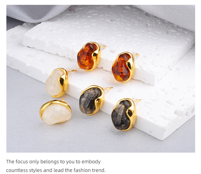 18K Gold Plated Plating Material Resin Inlay Material 1 Pair Vintage Style Classic Style Geometric Irregular Plating Copper Resin 18K Gold Plated Ear Studs
