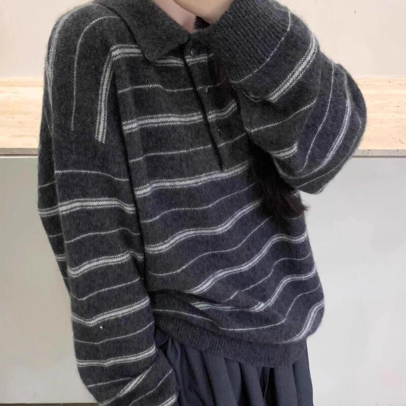 复古灰色条纹polo领毛衣女秋季老钱风穿搭慵懒宽松软糯针织衫上衣|undefined