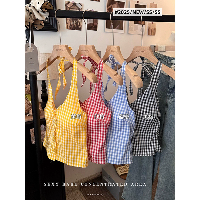 Желтый клетчатый сексуальный топ с бретелькой на шее и подушечками для груди для верхней одежды, короткий топ с v-образным вырезом для женщин, летний красный
