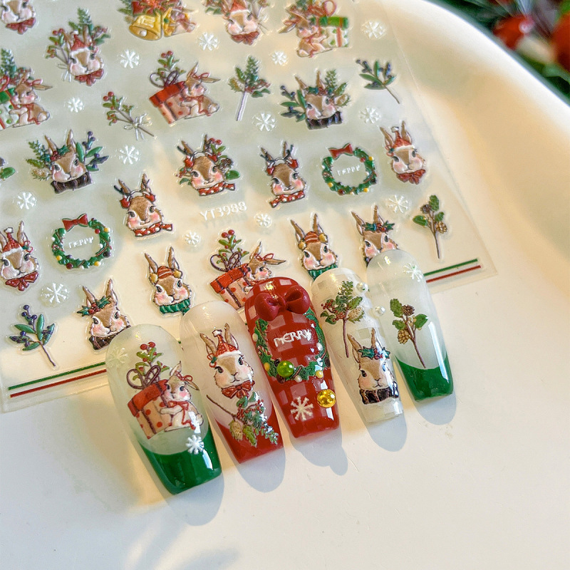 YITU蟻図かわいいクリスマスヘラジカのネイルシール立体レリーフクリスマスの花輪爪装飾シールYT3988|undefined