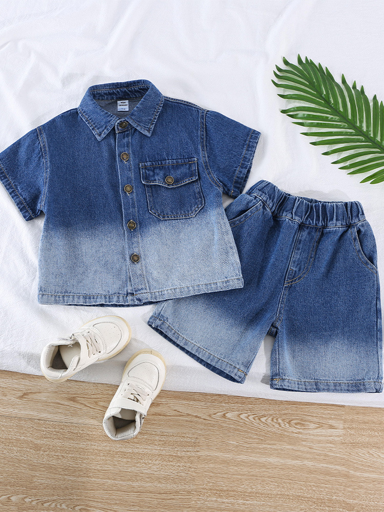 5291 Traje de verano para niños Camisa de manga corta de mezclilla degradada Ropa para niños Ropa hermosa Traje delgado de dos piezas para niños