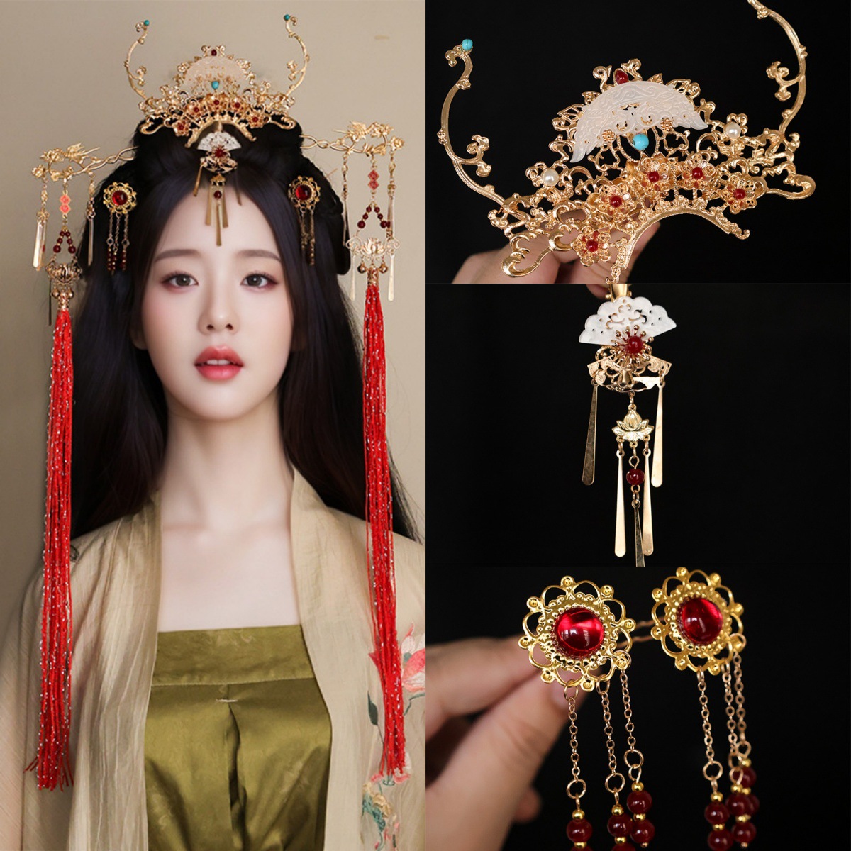 古风战国袍头饰发冠发钗女帝汉服红色长流苏发簪发饰全套妆造配饰