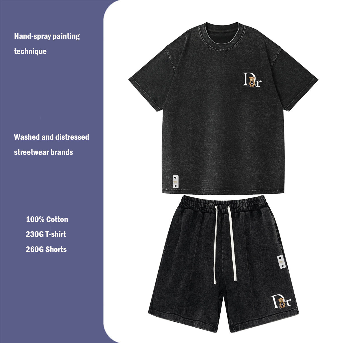 Ensemble T-shirt à manches courtes et short unisexe imprimé, épais et tendance, en pur coton, style décontracté._voghion.com