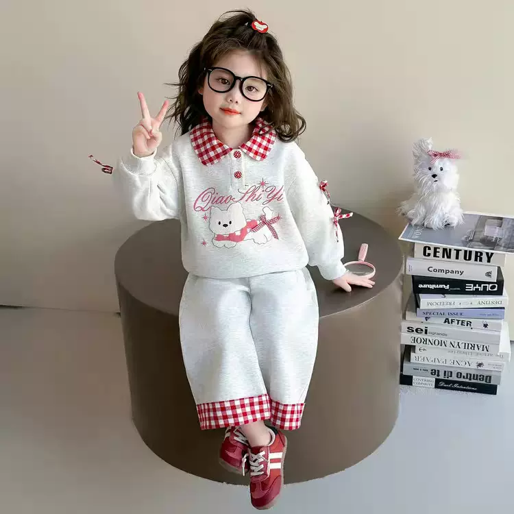 女童套装冬季新款加绒加厚女宝宝休闲阔腿裤卫衣女童可爱两件套