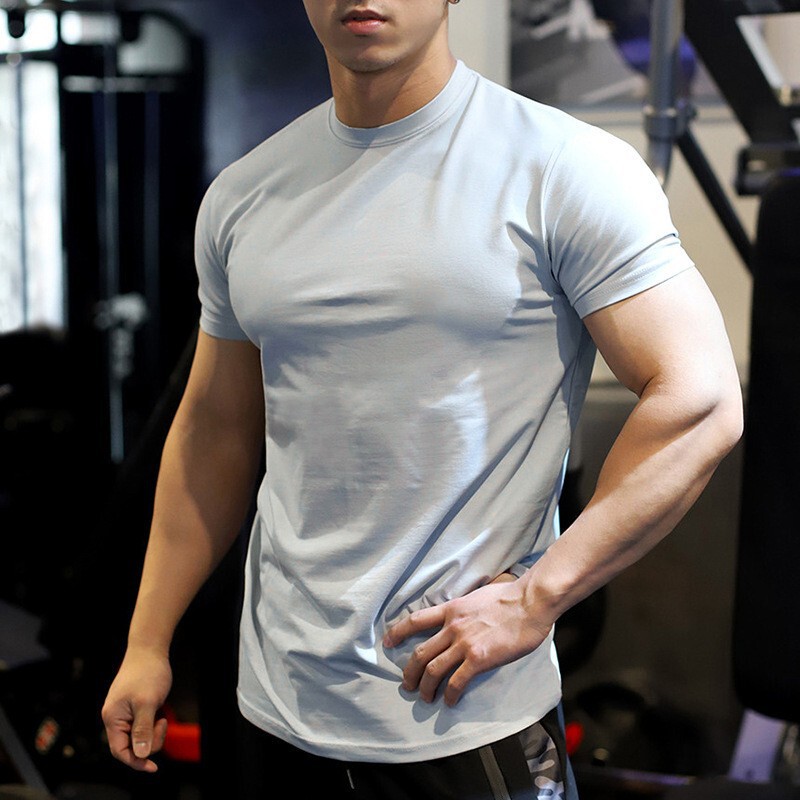 Summer Outdoor Sports Slim-Fit Short-Sleeved Cotton Elastic Men's Fitness Muscle-Showing Solid Color T-Shirt Top Quick-Drying