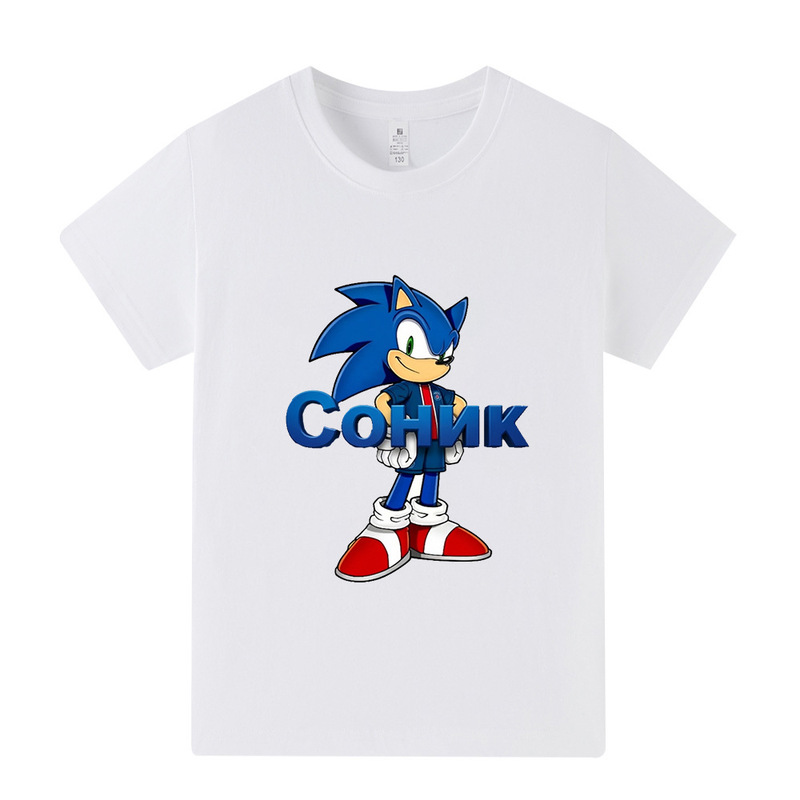 OZON's popular cartoon anime Sonic Russian version printed T-shirt, children's summer wear, pure cotton, breathable, short-sleeved