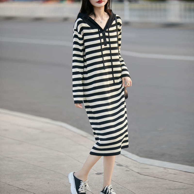 Wool Comfortable French Lazy Style Hooded Knitted Dress Women's Autumn and Winter Fashion Loose Elegant Stripesd Sweater Dress