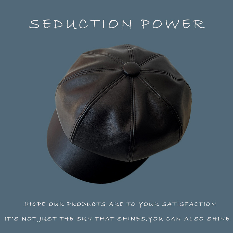 Black Leather Beret Women's British Style Design Retro All-Match Japanese Korean Style Spring and Autumn Pumpkin Octagonal Hat