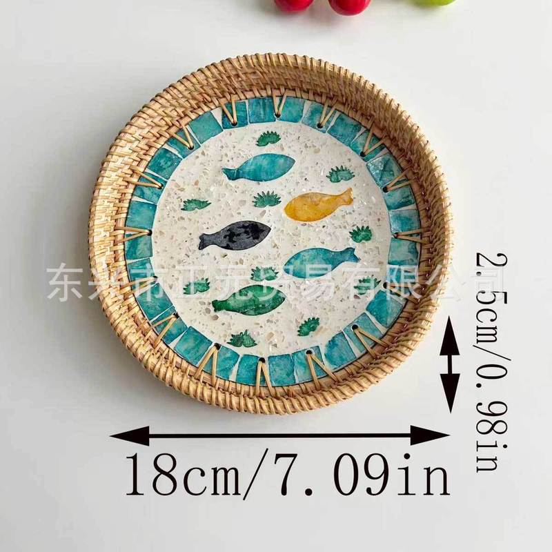 藤编贝壳托盘客厅零食收纳盘糕点茶盘圆形贝壳收纳托盘水果篮|undefined