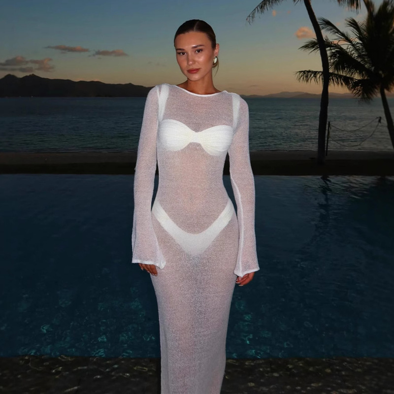 2026 European and American Beach Vacation Dress, See-Through, Sexy, Backless, U-Neck, Two-Way Wear, Spring and Summer Knitted Cover-Up Long Dress for Women 2026 European and American Beach Vacation Dress, See-Through, Sexy, Backless, U-Neck, Two-Way Wear, Spring and Summer Knitted Cover-Up Long Dress for Women