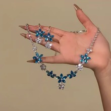 跨境新款重工蓝色花朵项链耳环套装轻奢高级感显白晚晏礼服配饰