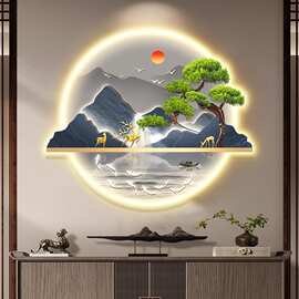 新中式入户玄关装饰画流水生财山水画带灯过道挂画迎客松led壁画