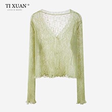 针织防晒开衫绿色镂空冰丝薄款女外套木耳边长袖短款披肩外搭3319