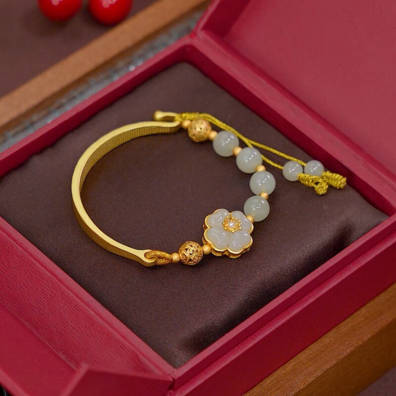 Designer Recommendation [Flower Blooms Ten Miles] Hetian Jade Transfer Bead Bracelet Retro Bracelet Sweet Ancient Style Half Bracelet