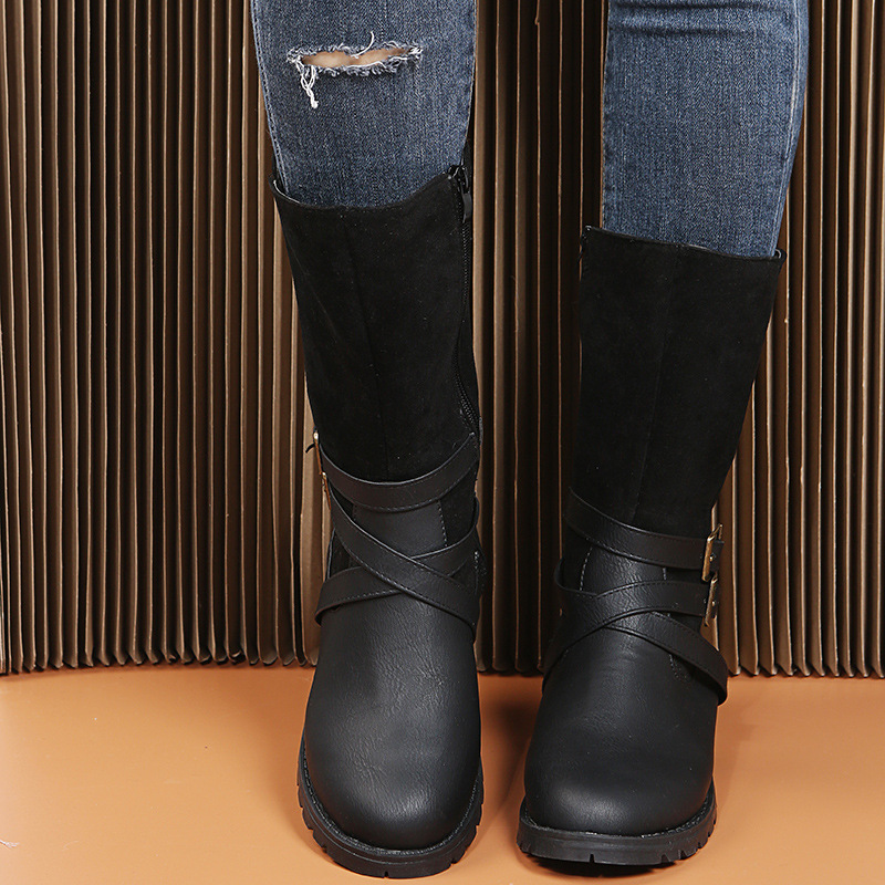 Damenschuhe, Martin-Stiefel mit mittlerer Röhre, Gürtelschnalle, runder Kopf, niedriger Absatz, Ritterstiefel mit seitlichem Reißverschluss, Lederstiefel_voghion.com