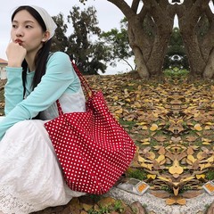 韓風insレトロな赤い波点キャンバスバッグ女性シンプルで高級感があります。