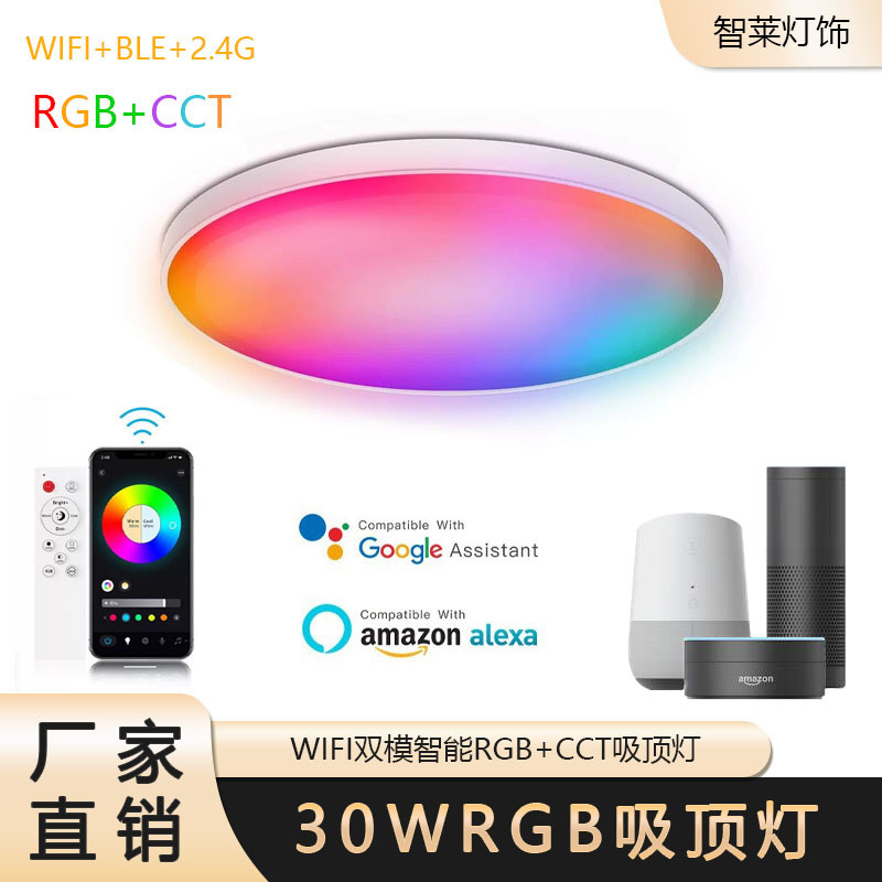 Cross-Border Erp Wireless Wifi Bluetooth Full Spectrum 30W Smart Ceiling Light 2.4g Remote Control App Dimming for Home Use