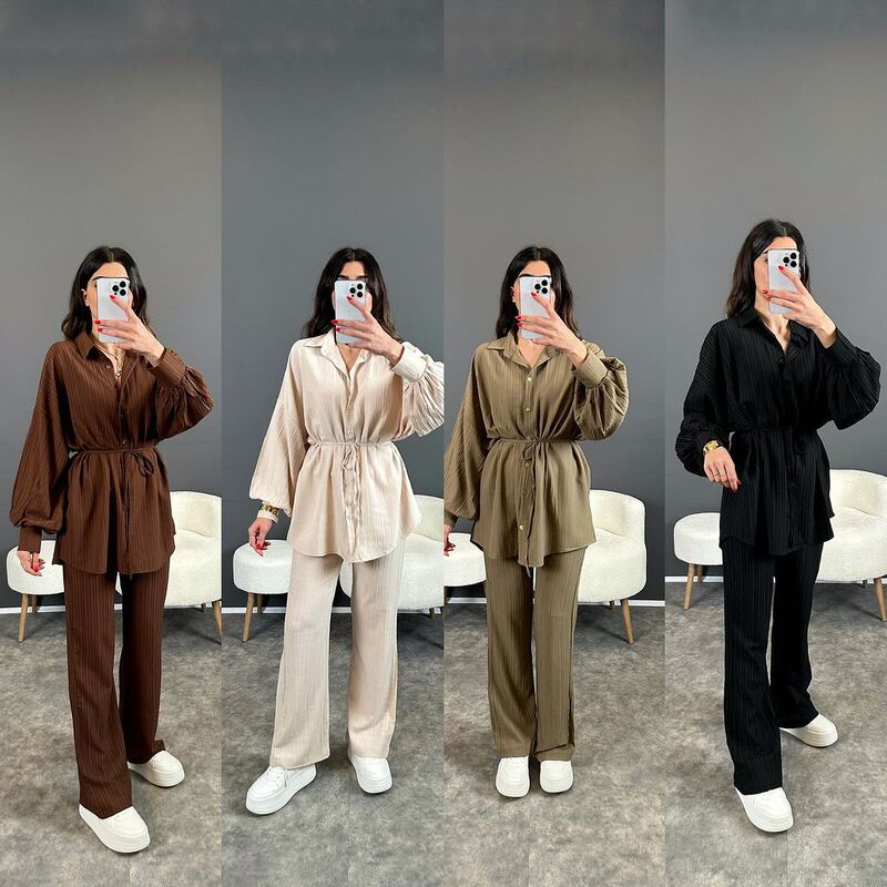 European and American Ready-Made Women's Suits 2025 New Fashion Puff Long-Sleeved Loose Lace-Up Shirts Straight Casual Pants Two Pieces