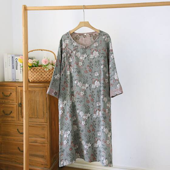 Four Seasons Thin Women's Cotton Long Sleeve Skirt Simple plus size Double Gauze Home Dress Yarn-dyed Vintage Chinese-style Buckle