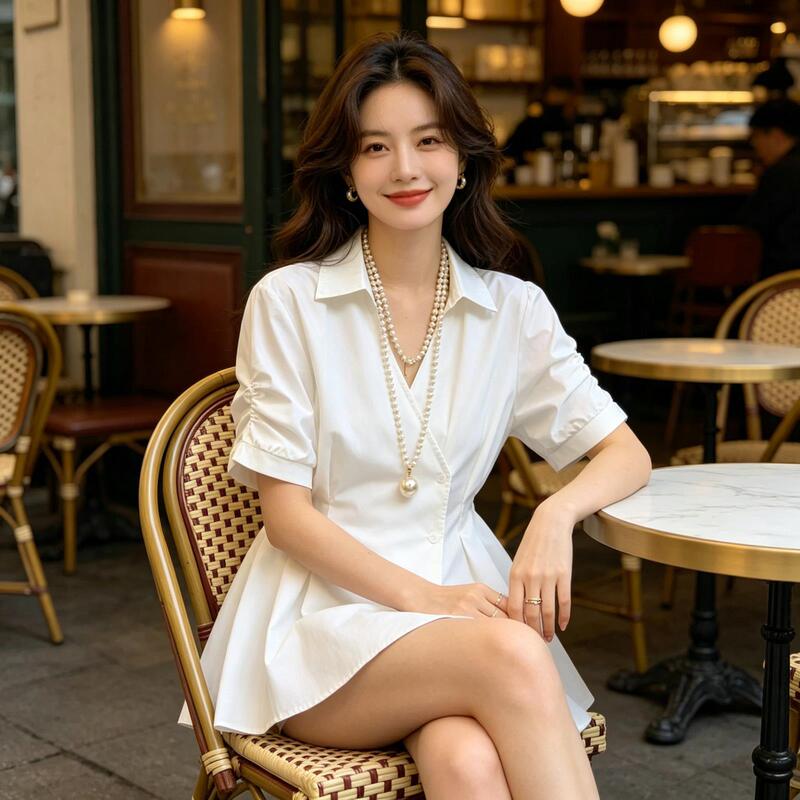 Plus-Size Women's Clothing 2026 Summer New White Short-Sleeve Shirt for Women, Slimming Casual Stylish Waist-Cinching Top for Curvy Girls Plus-Size Women's Clothing 2026 Summer New White Short-Sleeve Shirt for Women, Slimming Casual Stylish Waist-Cinching Top for Curvy Girls