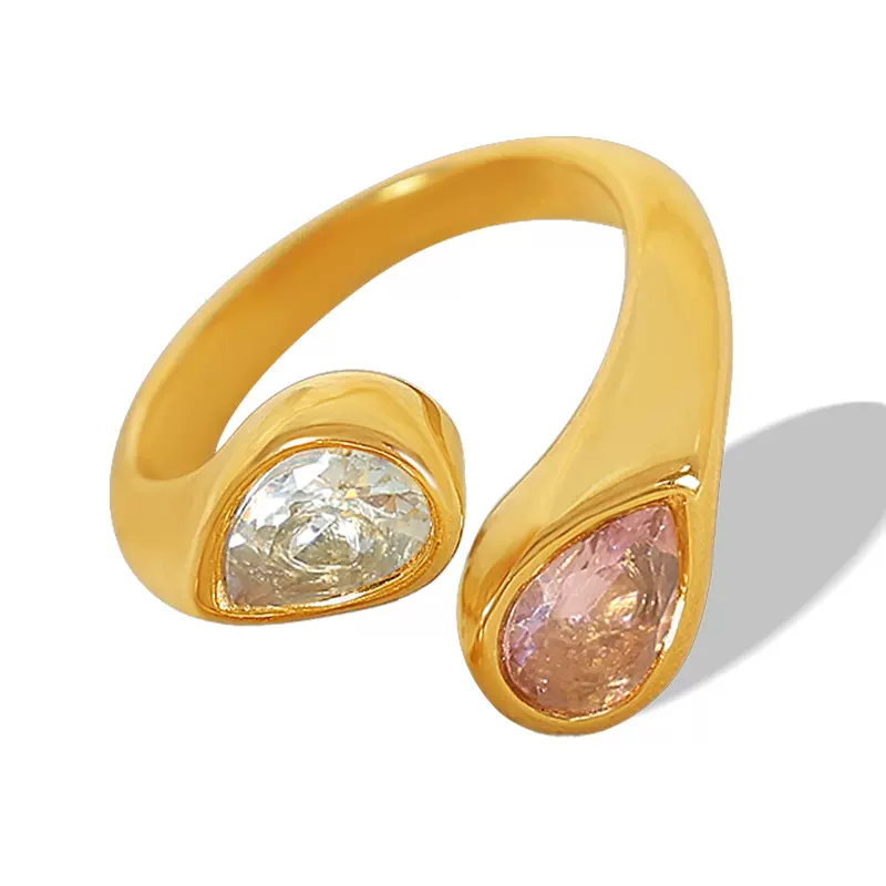 欧美钛钢镀金18k开口戒指文艺复古镶嵌水滴形双色锆石设计珠宝