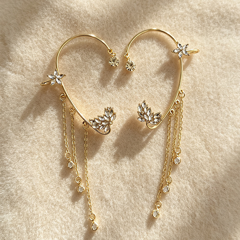 Ear cuff with floral tassels and diamond-encrusted wheat ear design, no piercing required, niche, ultra-fairy, elegant, high-end earrings