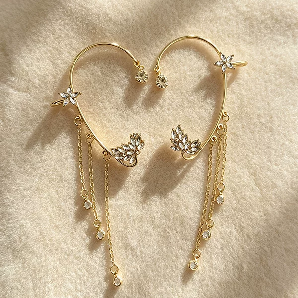 Ear cuff with floral tassels and diamond-encrusted wheat ear design, no piercing required, niche, ultra-fairy, elegant, high-end earrings