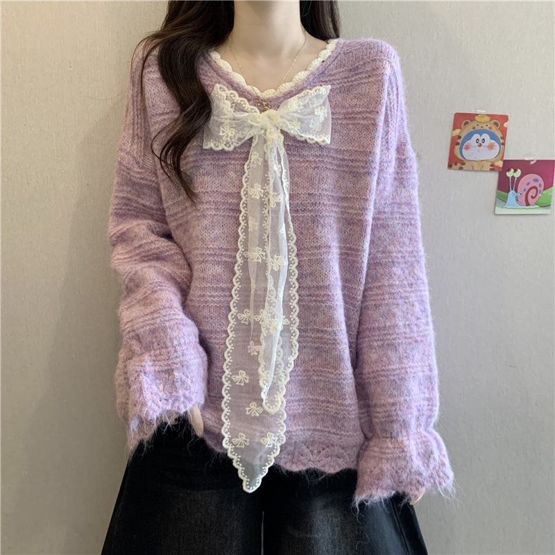 法式设计感V领蕾丝边拼接毛衣女装秋冬季新款慵懒风套头针织上衣|undefined