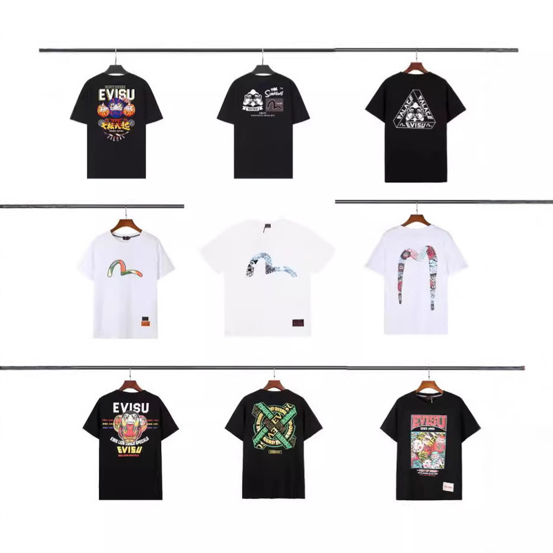 2024 New Evisu Fujia Dharma Printed Short-sleeved T-shirt Summer Casual All-match Loose Fashion Trend