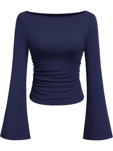 American-style spicy beauty solid color boat neck trumpet sleeve T-shirt for women, autumn version, slim-fitting pleated, invisible, long-sleeved top