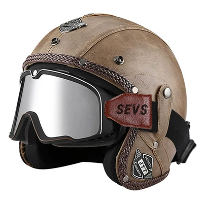 Motorcycle Safety Supplies – Helmet Riding 3/4 Half Helmet - 555-leather-helmet-light-brown-large-frame-goggles-silver-mirror-s