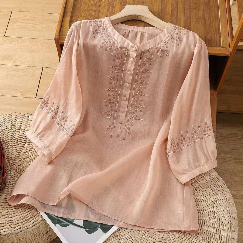 Retro Cotton and Linen Shirt Women's Quarter-Sleeved Spring and Autumn New Style Middle-Aged Mother's Loose Belly-Covering Top Embroidered Shirt Retro Cotton and Linen Shirt Women's Quarter-Sleeved Spring and Autumn New Style Middle-Aged Mother's Loose Belly-Covering Top Embroidered Shirt