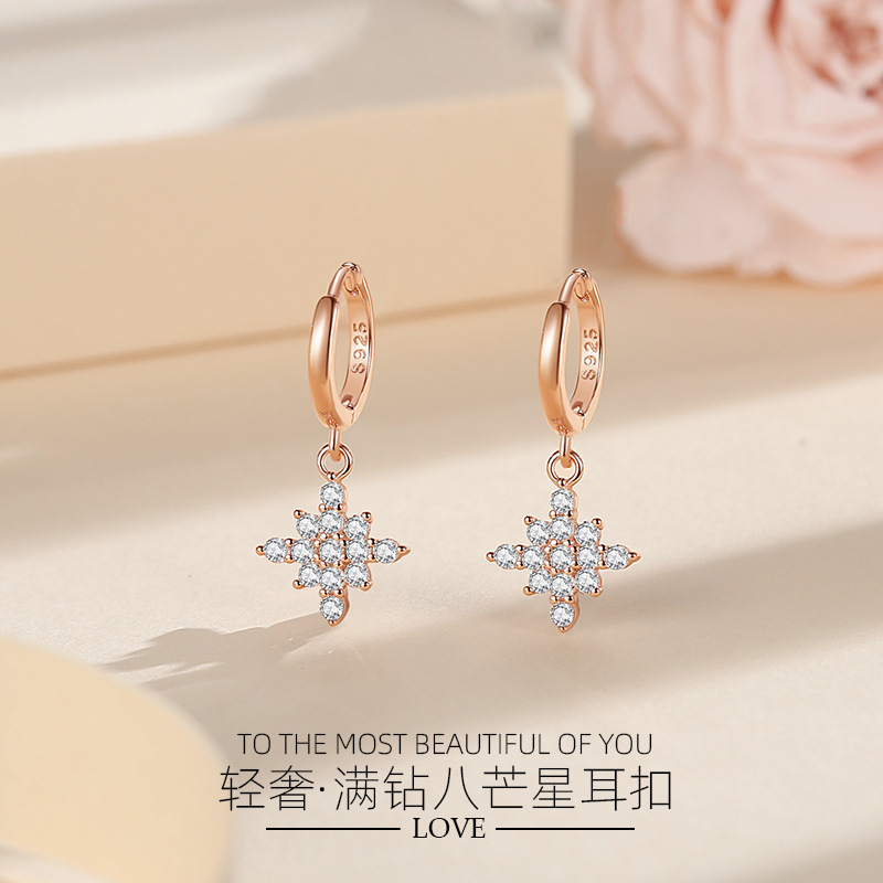 S925 plata ocho Awn estrella pendientes de diamante de las mujeres-incrustado diamante completo estrella moda luz pendientes de estilo de lujo joyería de plata al por mayor