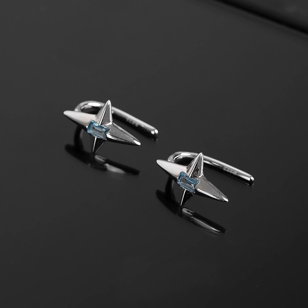 Orecchini a clip con stella a quattro punte da uomo, stile Ins, di alta qualità, con zirconi blu acqua, senza piercing, alla moda, da donna_voghion.com