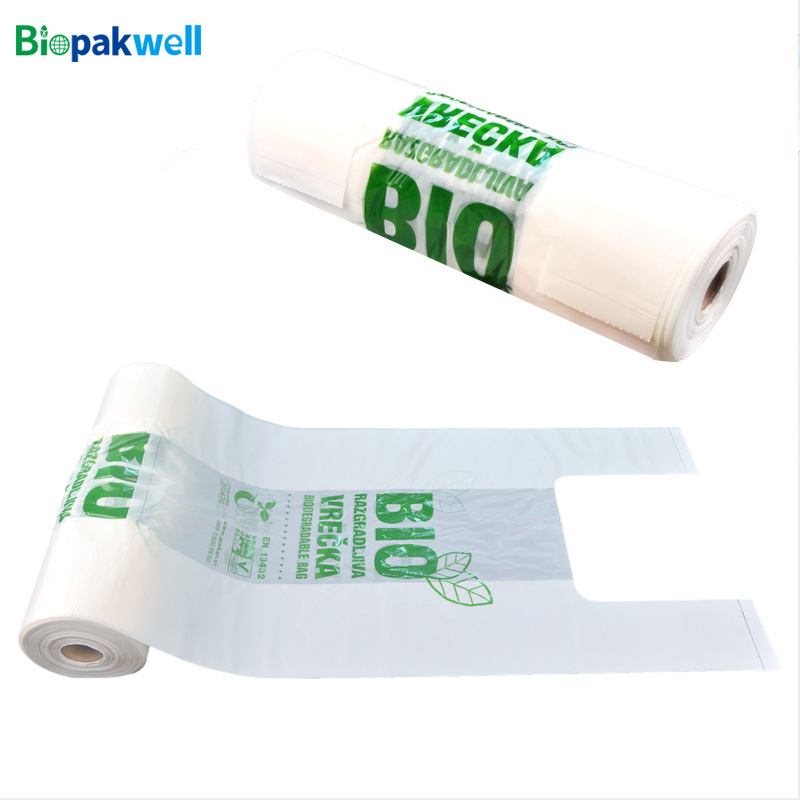 Personalizada compostable bolsa de chaleco de degradación supermercado embalaje para llevar bolsas de compras portátiles ecológicas al por mayor