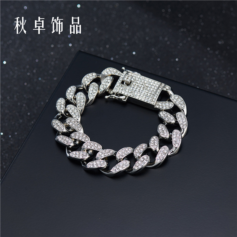 Cuban bracelet ins trendy hip hop flash Diamond thick wide silver chain men's bracelet simple and elegant fashion brand Diamond full Diamond Cuban bracelet ins trendy hip hop flash Diamond thick wide silver chain men's bracelet simple and elegant fashion brand Diamond full Diamond