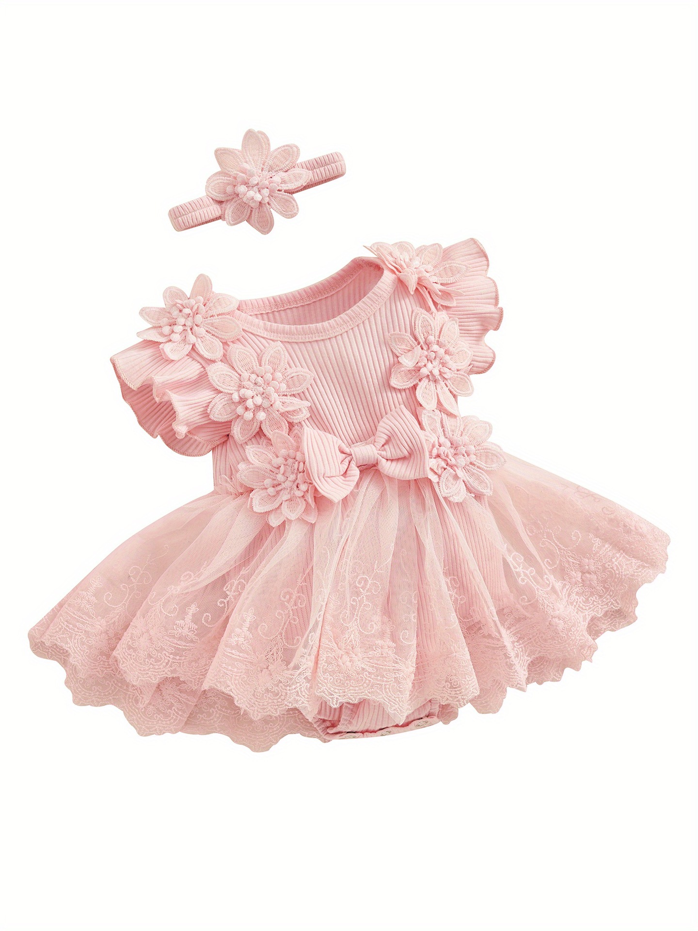 Baby Girl 2pcs Outfits Mesh Lace Patchwork Ruffle Romper transfronterizo