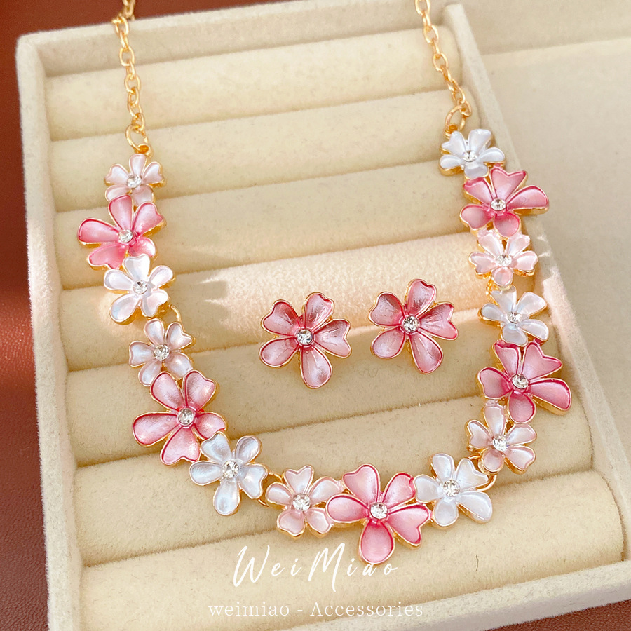 Collar de pendientes de flores de zircón pintado con pulverización ligero lujo nicho accesorios de vacaciones cerradura pequeña fresca y dulce conjunto de joyas image 1