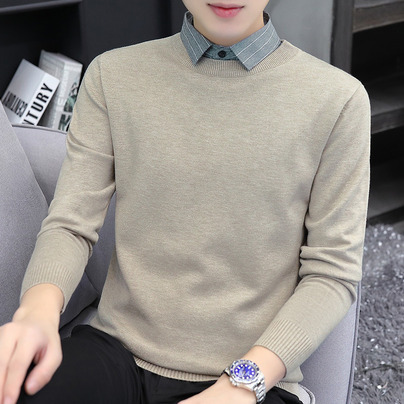 14158-Fake Two-Piece Men's Shirt Collar Sweater, Spring and Autumn 2026 New Korean Style Versatile Collared Knit Top for Men