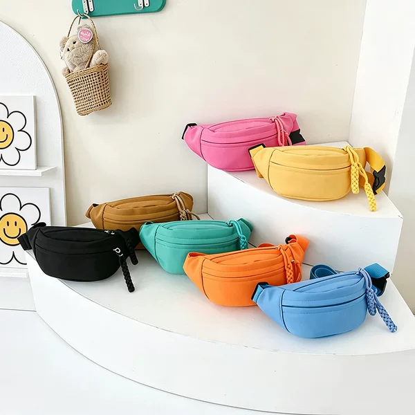 Children's Solid Color Waist Bag Outdoor Fashion Crossbody Bag Boys and Girls Canvas Versatile Chest Bag Storage Portable Backpack
