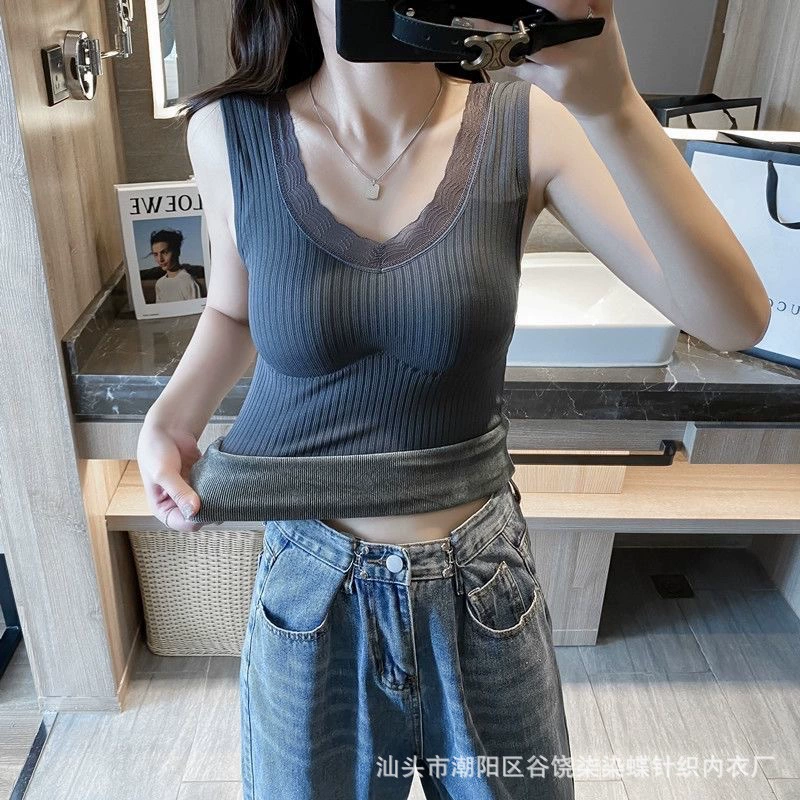 Теплый женский жилет в корейском стиле, облегающий крой, осень и зима, на флисовой подкладке и утолщенный, со встроенной нагрудной подушечкой, топом без рукавов с V-образным вырезом, базовой рубашкой.