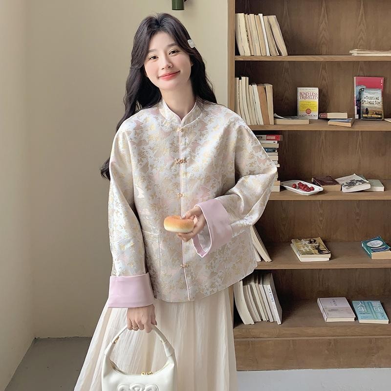 新中式国风缎面印花拼接外套女春季新款时尚减龄短款夹克上衣|undefined