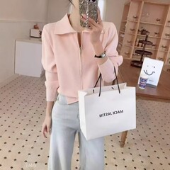 春の新スタイル年齢軽減気質ボトムコート長袖ラペルジッパーショートスタイルファッショナブルなセーターレディースカーディガン