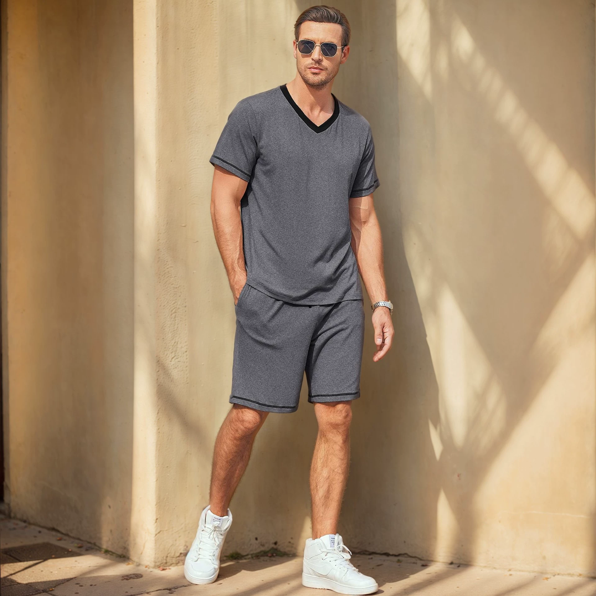 Летняя амазонка, европейская и американская мужская повседневная одежда шорты с короткими рукавами и шортами из двух частей