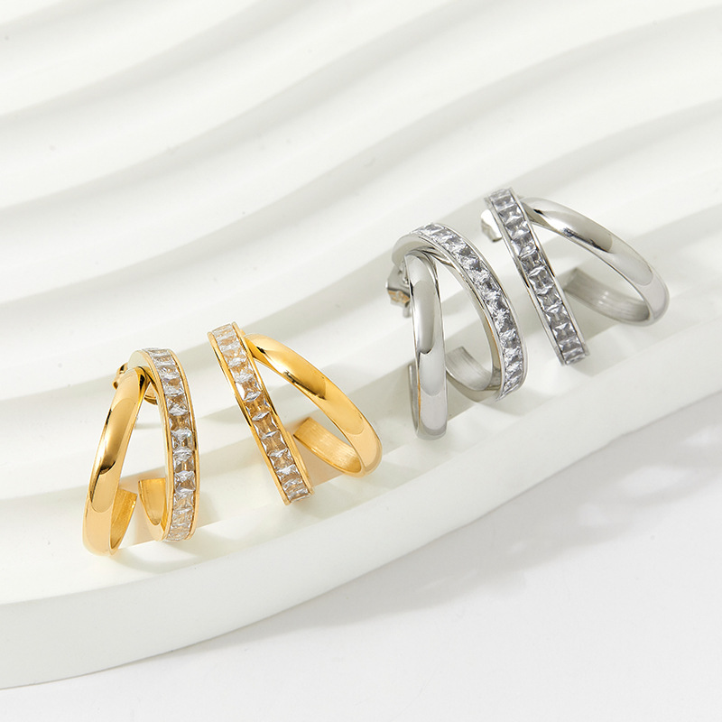 7g Weight 0.03µm-0.05µm Gold Plating Thickness Earrings Event & Party Supplies Fashion C Shape Inlay 304 Stainless Steel Zircon 16K Gold Plated White Gold Plated Gold Plated Stainless Steel Earrings
